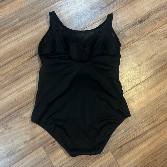 Longitude Women’s 22W Black One Piece Swimsuit Mesh Neckline Tummy Control - Picture 2 of 8